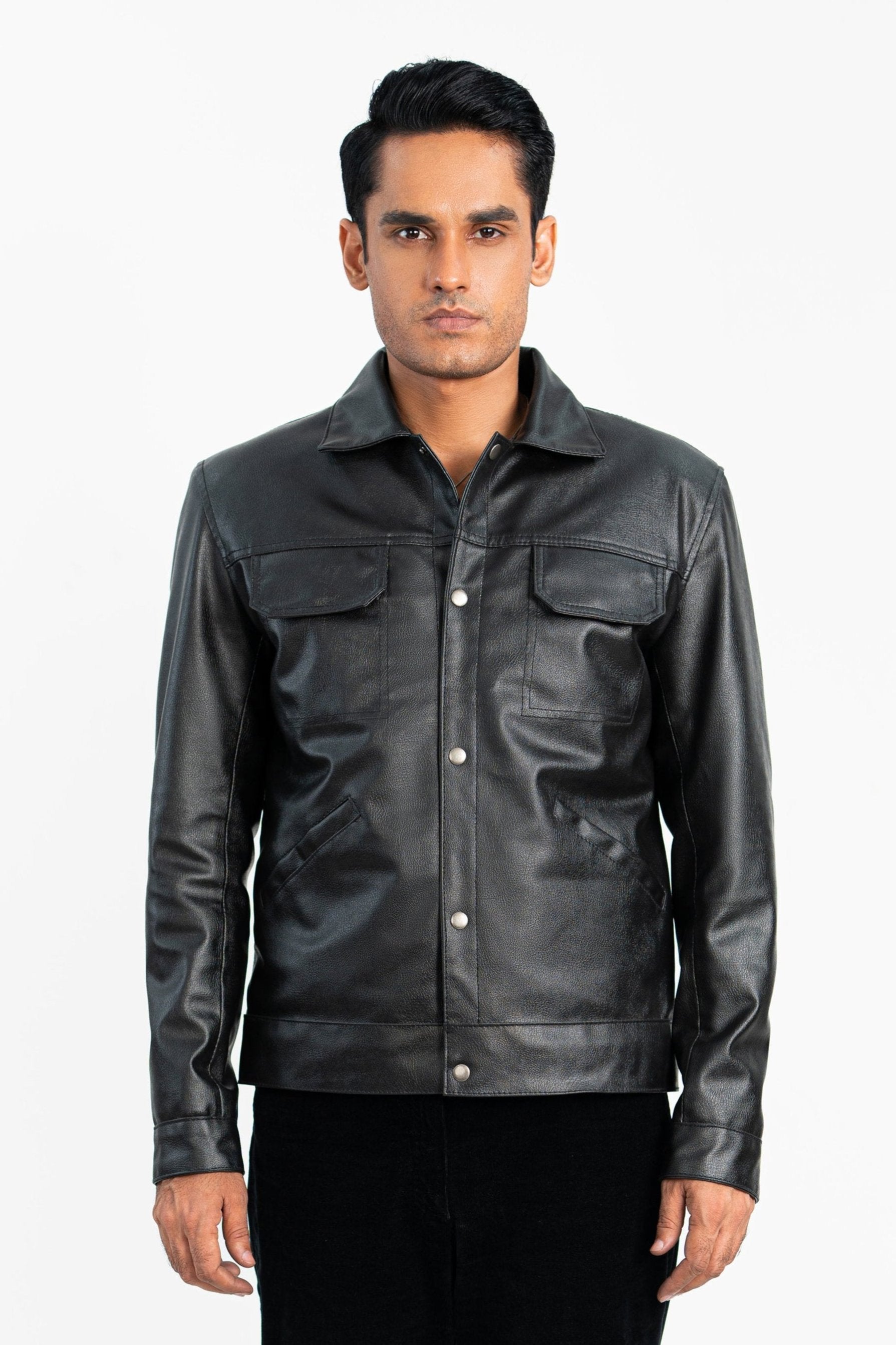 Dual Pocket Basic Faux Leather Jacket - Main Image