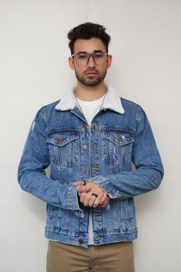 Basic Blue Denim Jacket With Faux Fur Collar