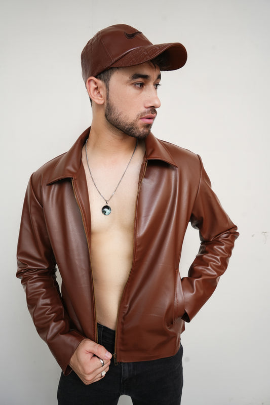 Brown Zipper Basic Faux Leather Jacket