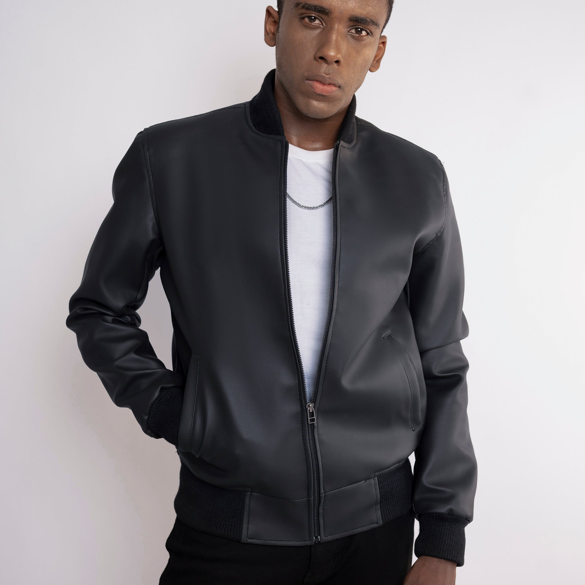 Basic Ribbed Edge Faux Leather Jacket