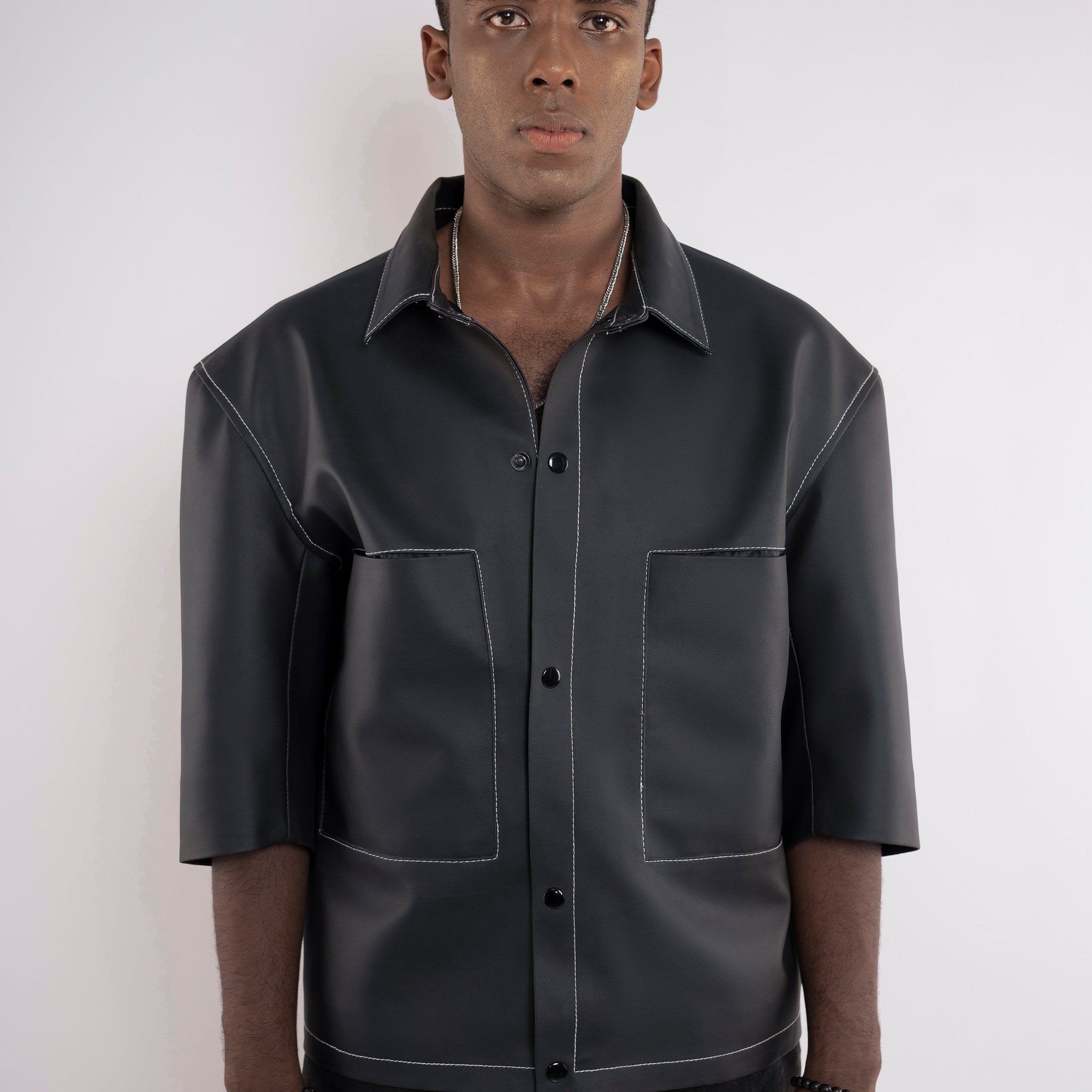 Oversized Threadwork Faux Leather Shirt