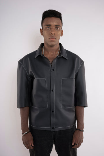 Oversized Threadwork Faux Leather Shirt