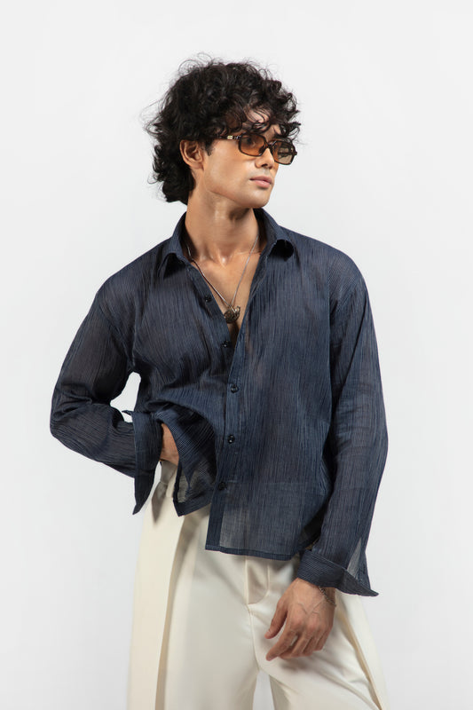 SOLÉA Navy Striped Cropped Shirt
