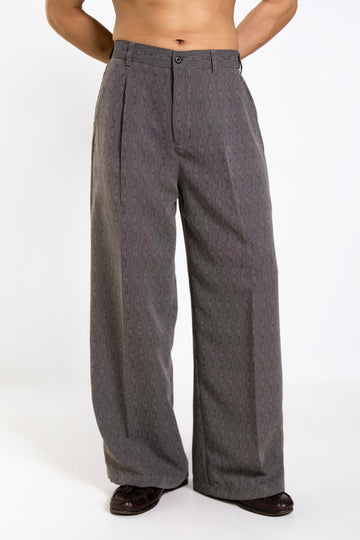 Grey Textured Baggy Pleated Pants