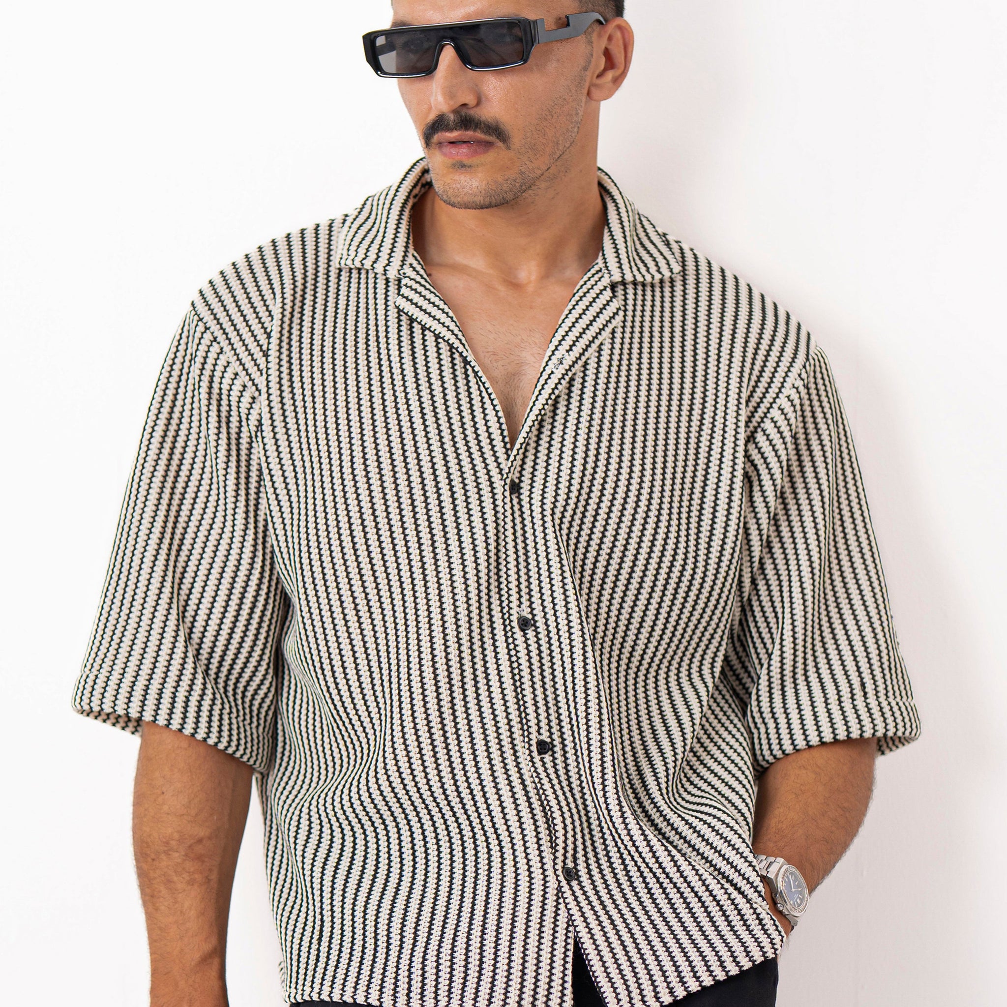 Textured Groove Oversized Crochet Shirt - Half Sleeves