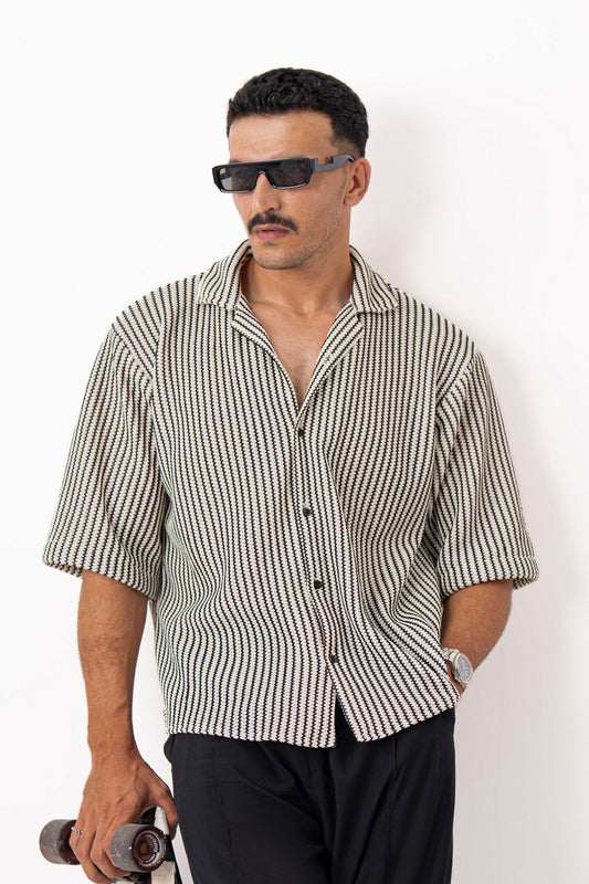 Textured Groove Oversized Crochet Shirt - Half Sleeves