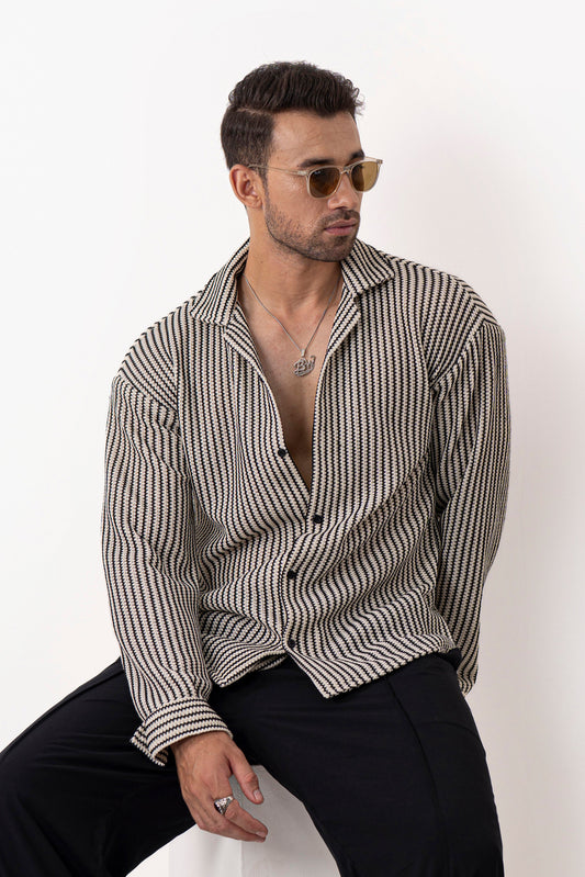 Textured Groove Oversized Crochet Shirt - Full Sleeves