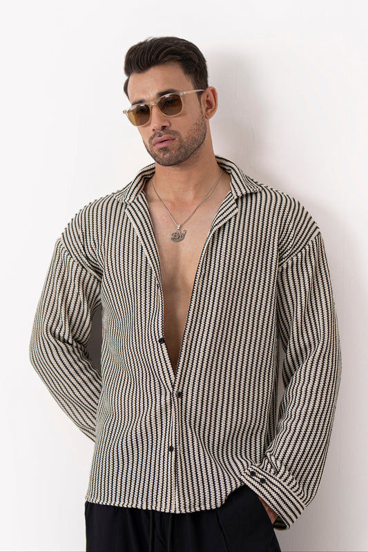 Textured Groove Oversized Crochet Shirt - Full Sleeves