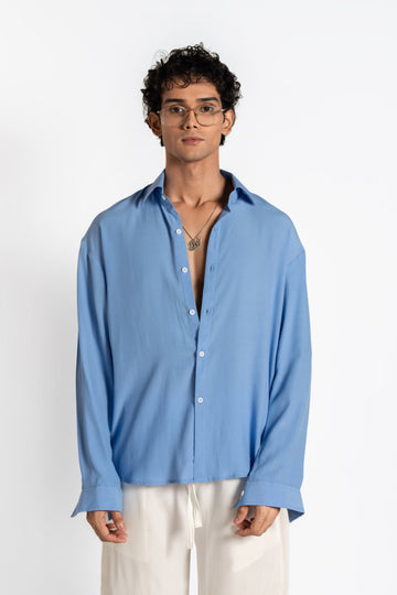 SOLÉA Vintage Blue Textured Oversized Shirt