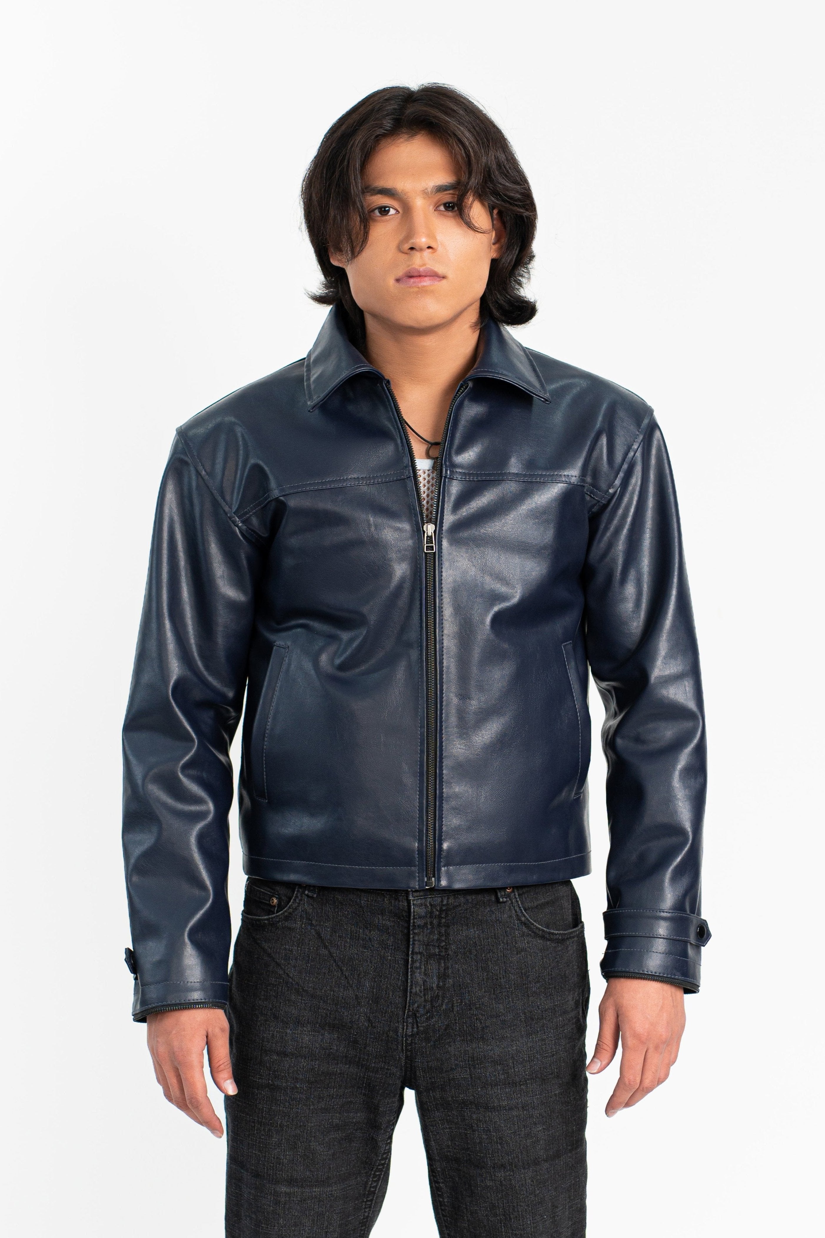 'No Risk' Blue Cropped Faux Leather Jacket