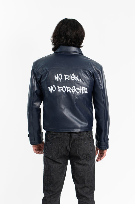 'No Risk' Blue Cropped Faux Leather Jacket