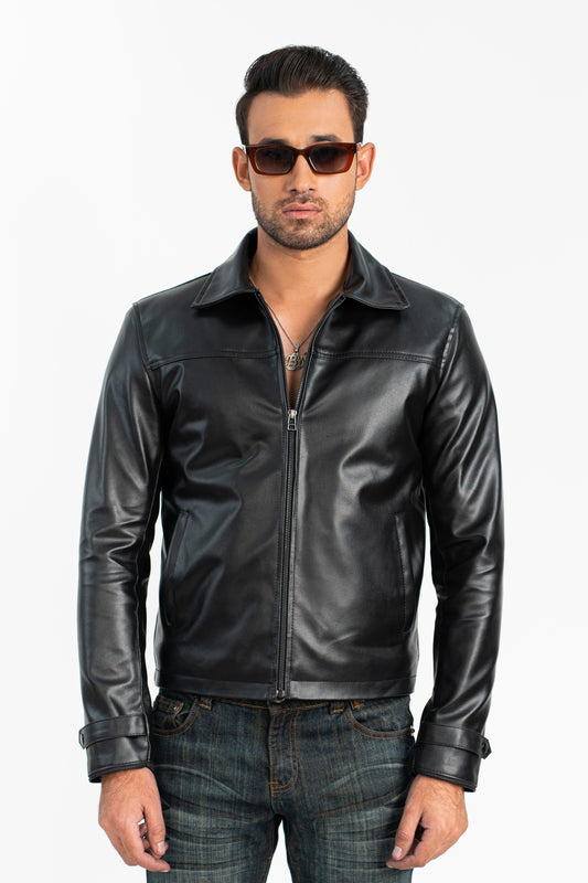 'No Risk' Black Cropped Faux Leather Jacket