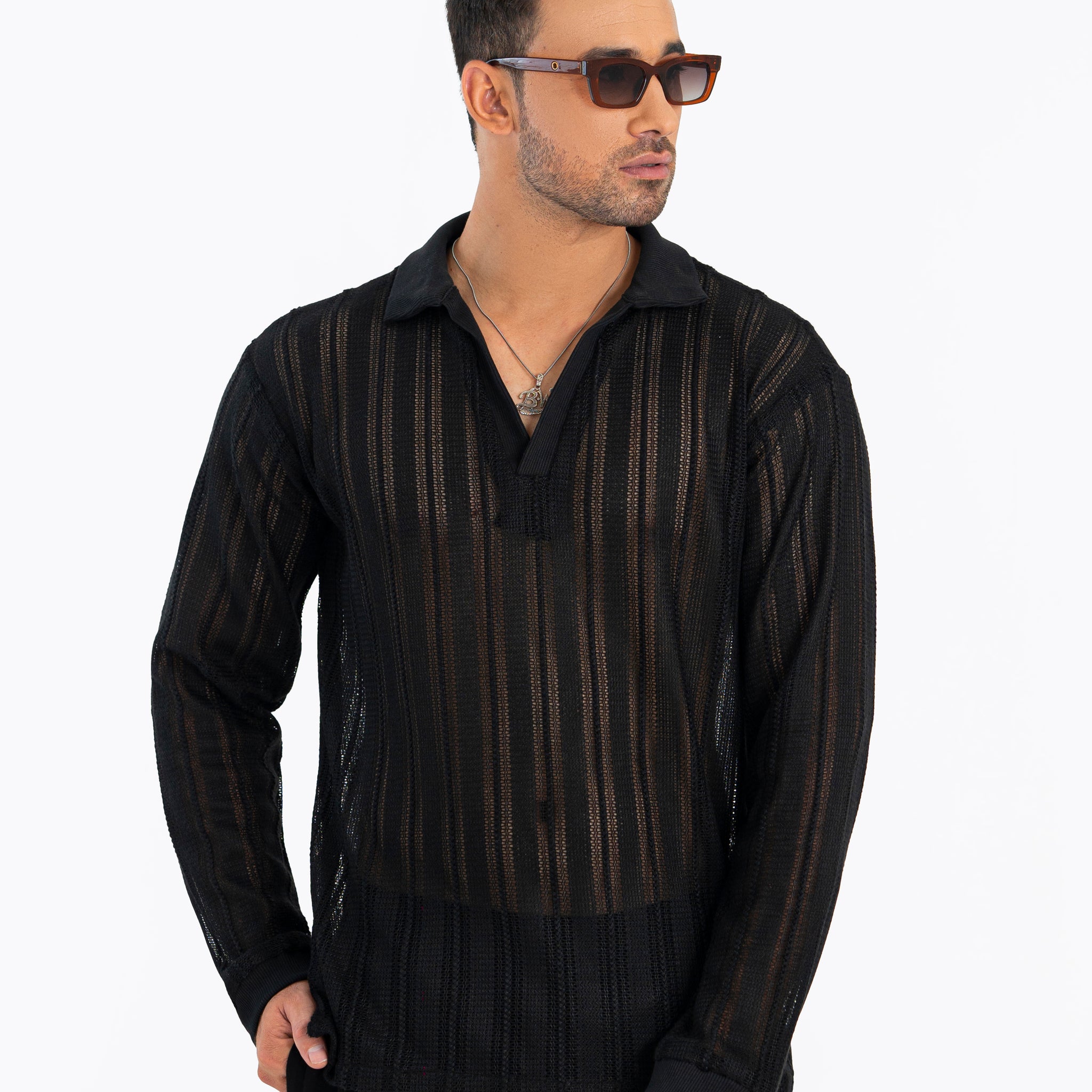 Charcoal Crochet Polo Shirt