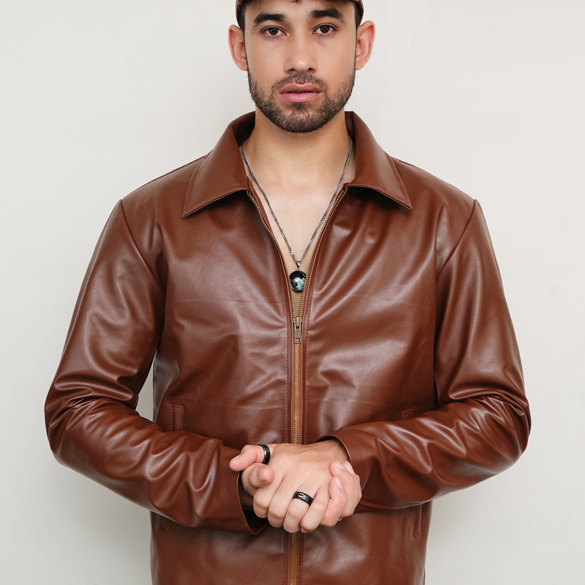 Brown Zipper Basic Faux Leather Jacket