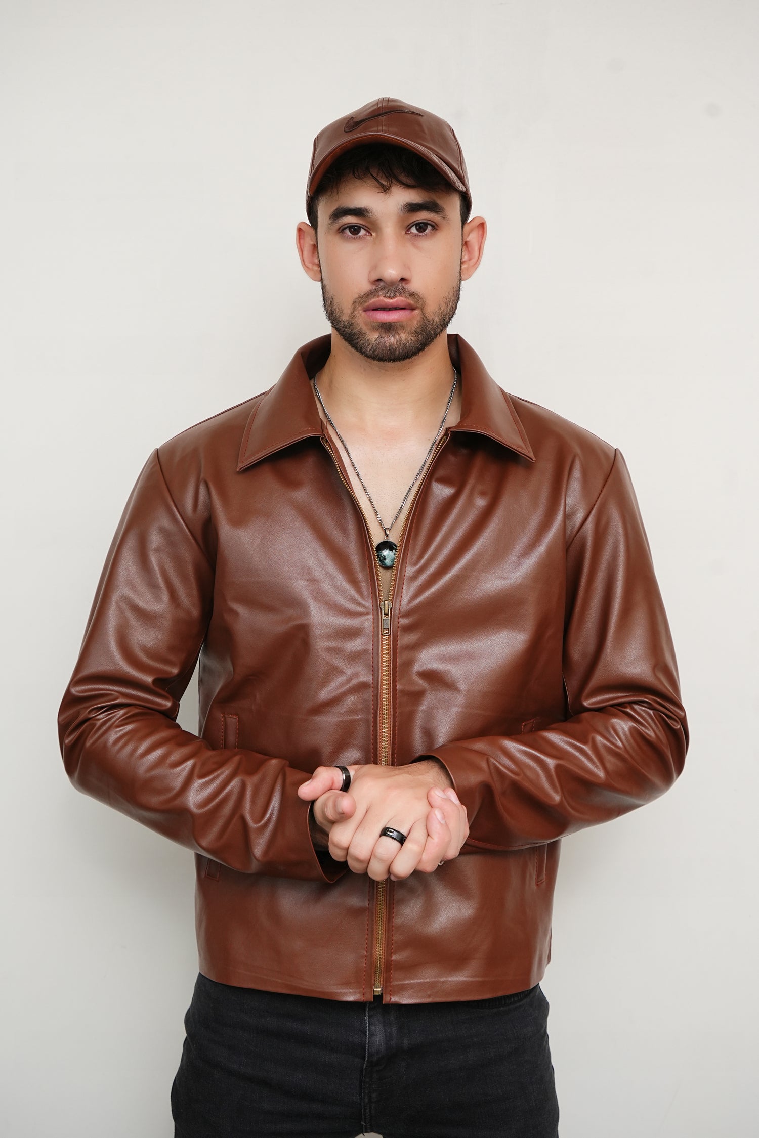 Brown Zipper Basic Faux Leather Jacket Blackenwhite
