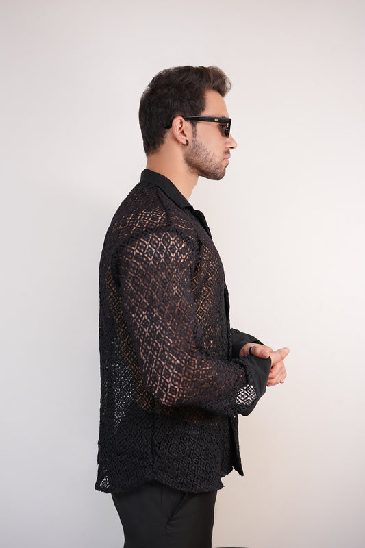 Black Crossover Crochet Shirt