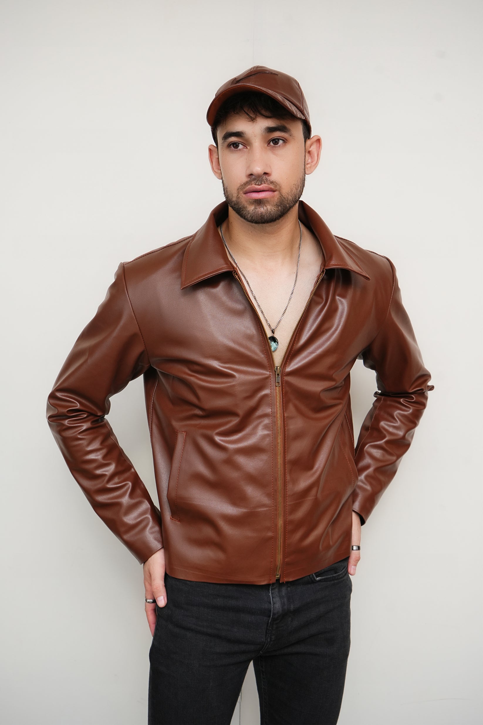 Brown Zipper Basic Faux Leather Jacket Blackenwhite